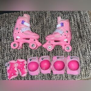 Pink Adjustable Roller Skates with Protective Gear